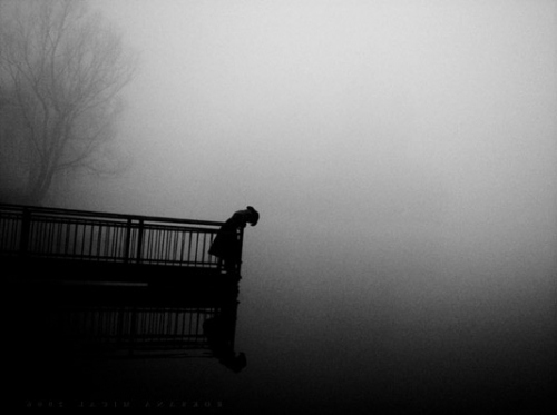 alone, black and white and fog