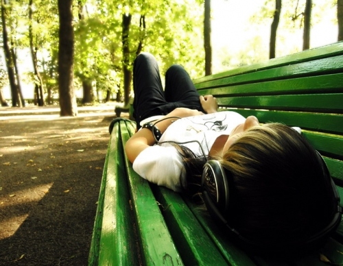 bench, girl, green, headphones, music, park