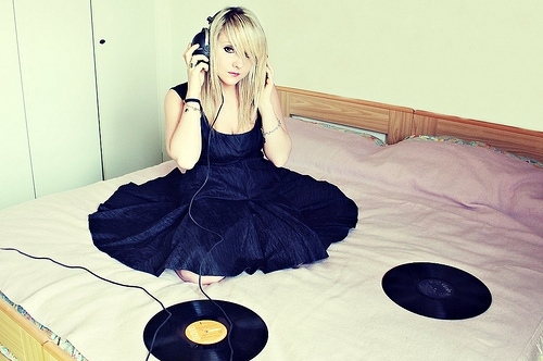 bed, girl and headphone