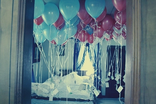 balloons, balloons in room, bedroom, blue, blue and pink ballons, pink
