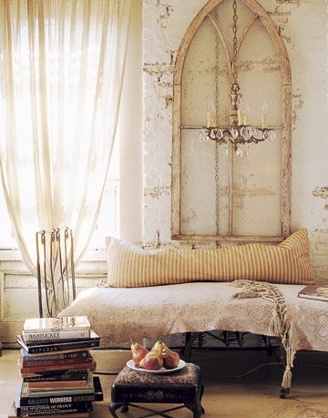 bed, books and chandelier