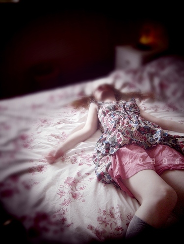 bed, blur and dress