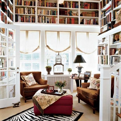 armchair, birdcage and books