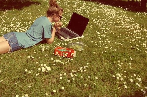 blond, computer and flowers