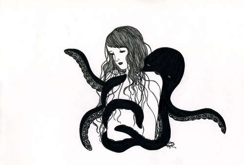 cephalopods, girl and illustration