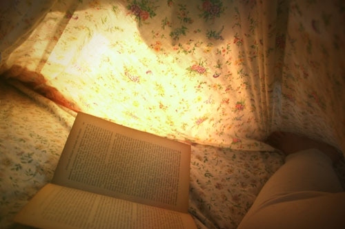 book, hiding under blankets and light