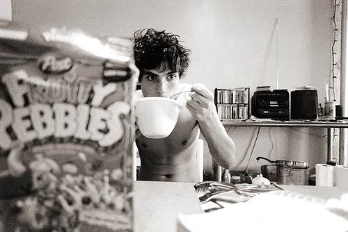 black and white, boy and breakfast