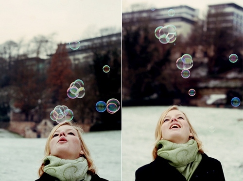bubbles, cold morning and girl