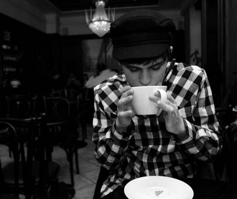 black and white, boy and coffee