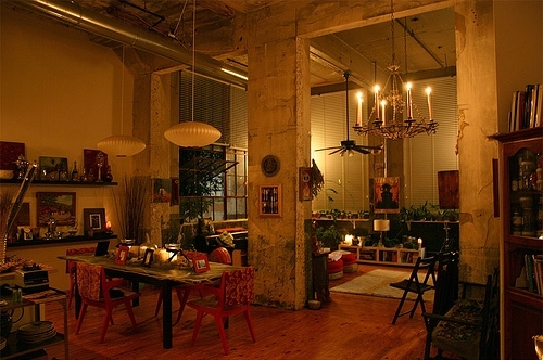apartment, chairs and chandelier