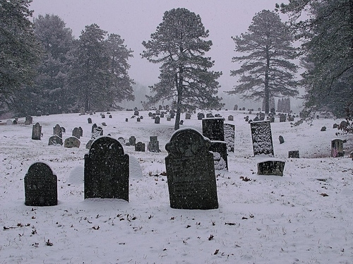 black and white, cemetery and snow