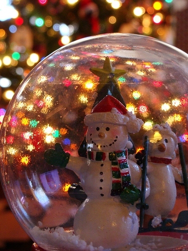 christmas, lights and snow globe