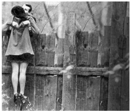 black and white, couple and fence