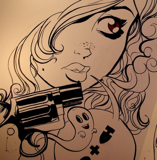 drawing, girl and gun