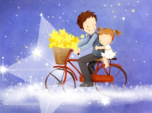 bicycle, daughter and father