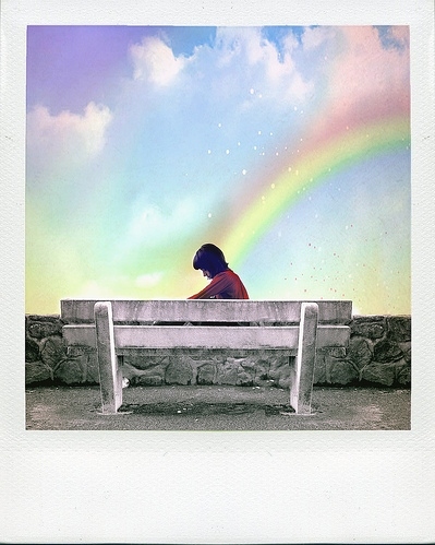 bench, girl and polaroid