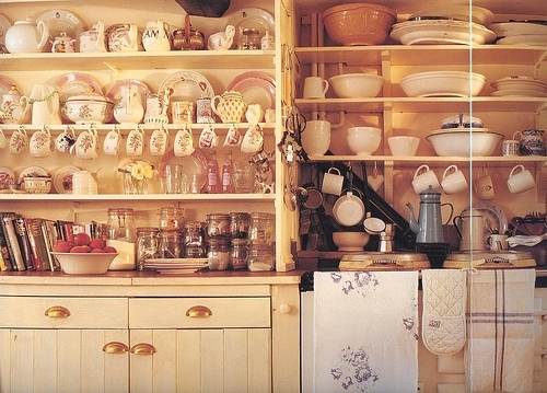 cup, cupboards and dishes