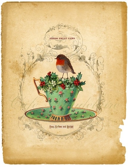 bird, christmas and cup of tea