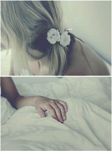 bed, blonde hair and flower