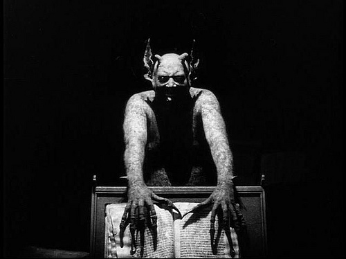 black and white, book and devil