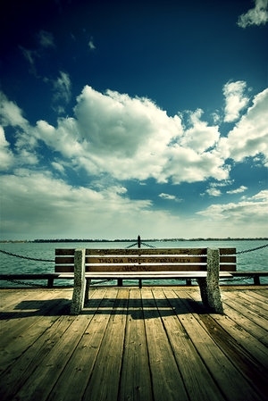 bench, clouds and landscape