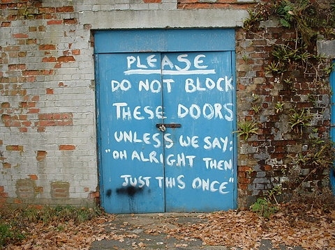 blue, bricks and doors