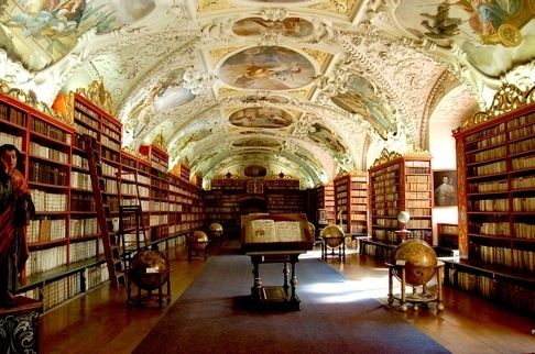 books, bookshelves and globe
