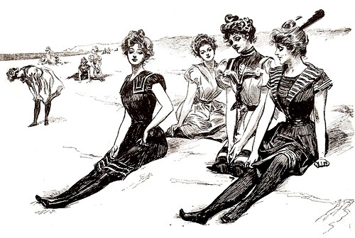 bathing beauties, beach and black and white