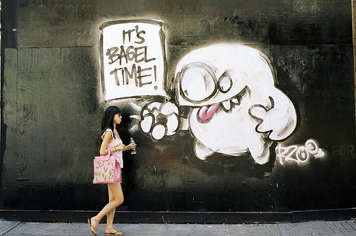 bagel, girl and graffiti