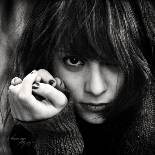 bangs, black and white and eyes