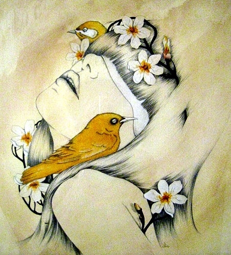 bird, female and flowers