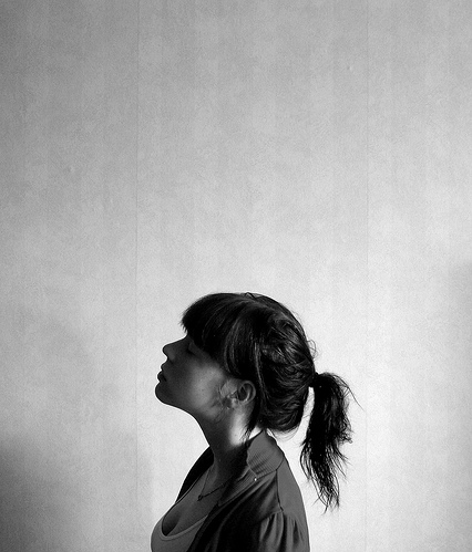 black and white, brunette and calm