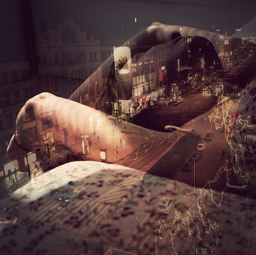 city, city lights and double exposure