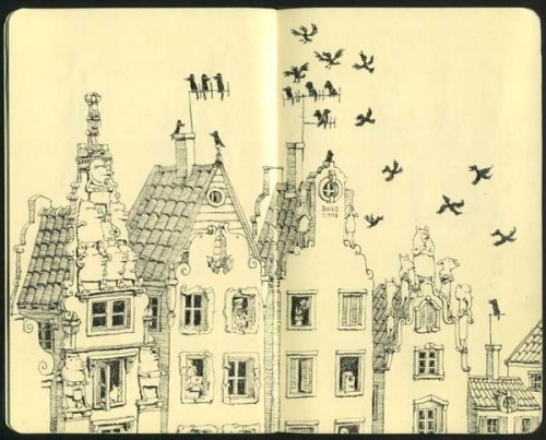 black and white, crows and houses