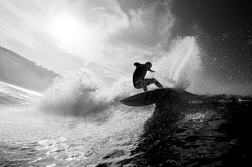 black and white, surfer and surfing