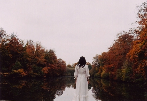 autumn, girl and lake