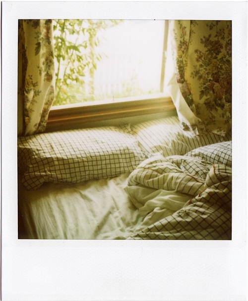 bed, light and polaroid
