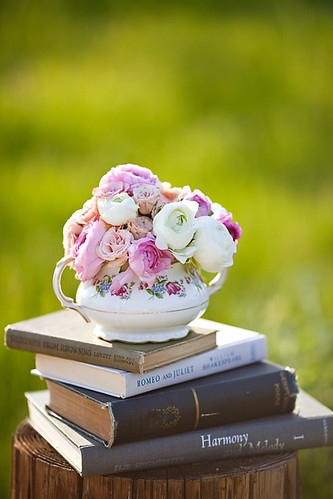 books, creative photography and flower tea cup