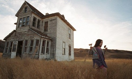 field,  girl and  house