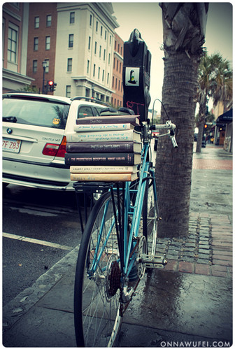 bicyle, books and car