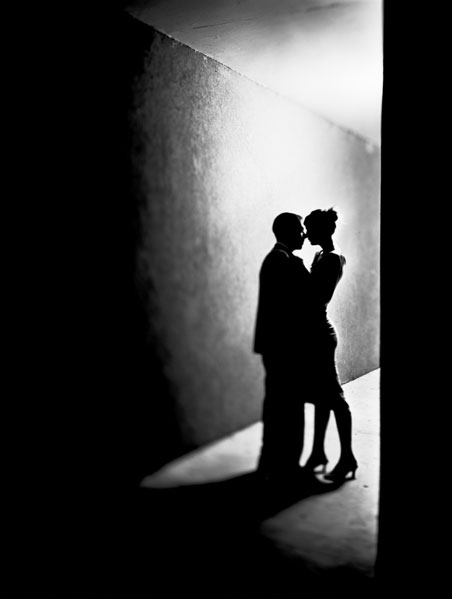 alley, black and white and couple