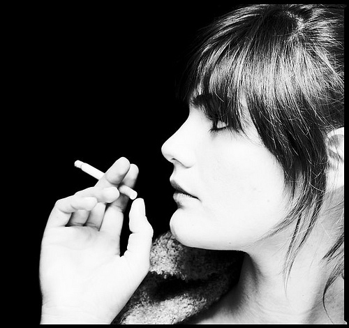 bangs, black and white and cigarette