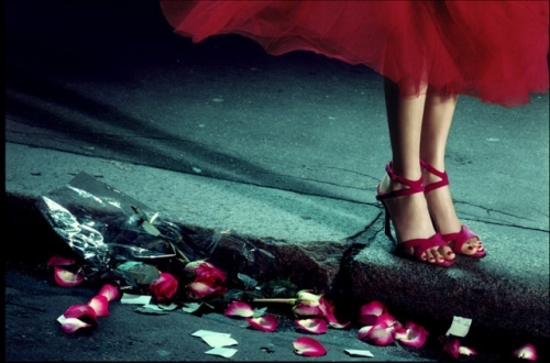 dress, petals and shoe and pink