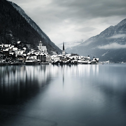 black and white, halstatt and lake