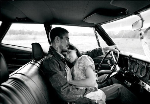 black and white, car and couple