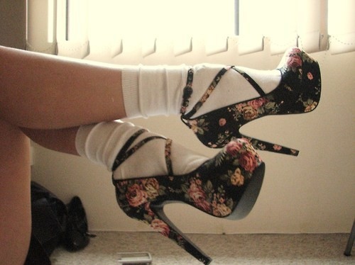 black, cute, feet, floral, flower shoes, flowers