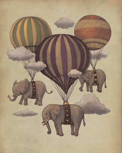 elephant, elephants and hot air balloon