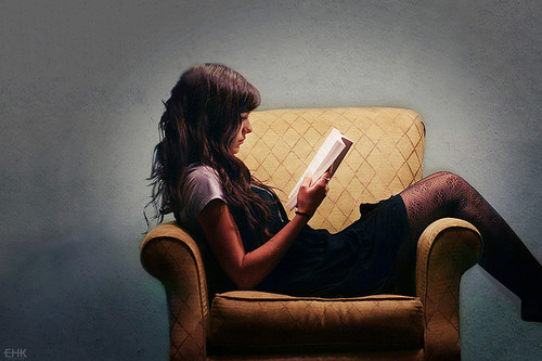 armchair, books and girl