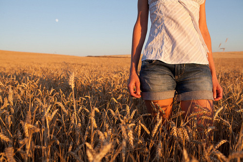 field, girl and moon