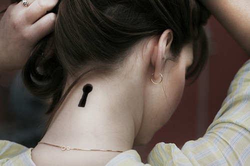 girl, key hole and key hole tattoo